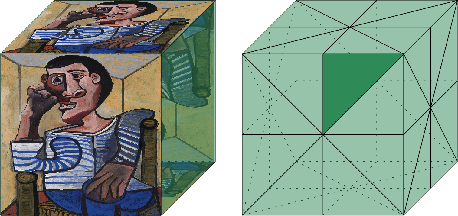 Two cubes: one covered in painted portraits, the other showing a geometric construction.